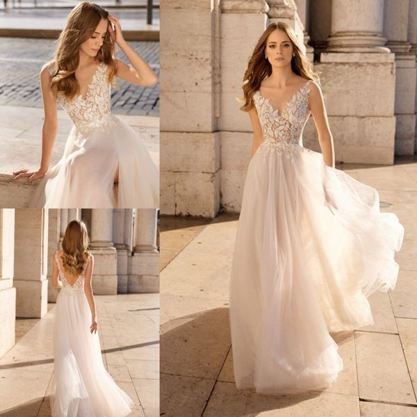 beaded lace backless boho wedding dresses deep v neck a line side split beach bridals gowns sweep train tulle bohemian vestidos de noiva, White
beaded lace backless boho wedding dresses deep v neck a line side split beach bridals gowns sweep train tulle bohemian vestidos de noiva, White
