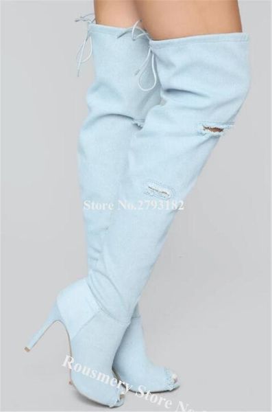 women fashion peep toe denim over knee stiletto heel gladiator boots cut-out lace-up blue long high heel boots motorcycle, Black
women fashion peep toe denim over knee stiletto heel gladiator boots cut-out lace-up blue long high heel boots motorcycle, Black