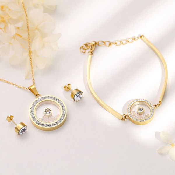 ensemble bijoux stainless steel set gold color cubic zirconia round pendant necklace earring bangles sets female party wholesale, Silver
ensemble bijoux stainless steel set gold color cubic zirconia round pendant necklace earring bangles sets female party wholesale, Silver