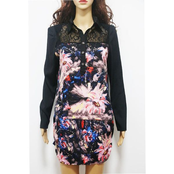 women's boyfriend-style lace joint printed fold-down collar long dress, White
women's boyfriend-style lace joint printed fold-down collar long dress, White