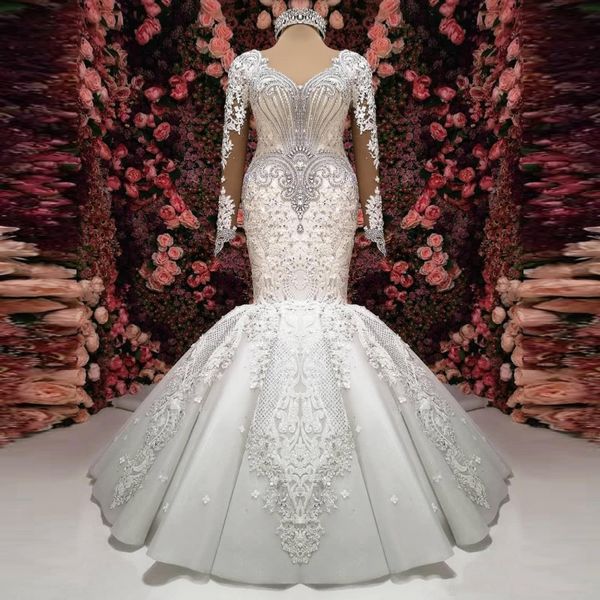 luxury beaded mermaid wedding dresses with appliques lace crystals illusion long sleeves bridal gowns plus size robe de mariee, White
luxury beaded mermaid wedding dresses with appliques lace crystals illusion long sleeves bridal gowns plus size robe de mariee, White