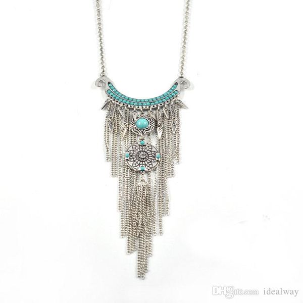 bohemian style silver plated alloy moon shape rhinestone blue beads metal long tassel necklaces, Golden;silver
bohemian style silver plated alloy moon shape rhinestone blue beads metal long tassel necklaces, Golden;silver