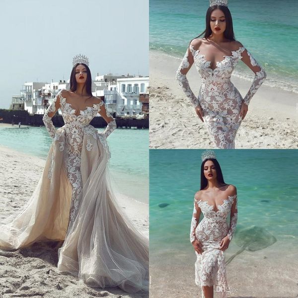2019 Summer Beach Designer Mermaid Wedding Dresses With Removable Skirts Off Shoulder Lace Long Sleeves Champagne Bridal Dress, White
2019 Summer Beach Designer Mermaid Wedding Dresses With Removable Skirts Off Shoulder Lace Long Sleeves Champagne Bridal Dress, White