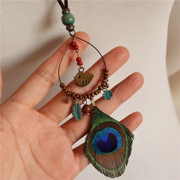 national wind retro bohemian style women's cotton linen ornament water droplet bird peacock feather wooden bead long necklace, Black
national wind retro bohemian style women's cotton linen ornament water droplet bird peacock feather wooden bead long necklace, Black