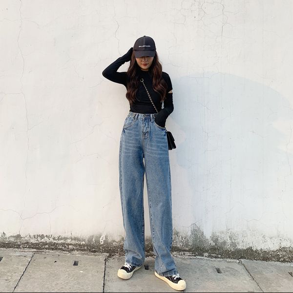 high-waisted loose drape straight jeans female spring and autumn hyun yf thin significantly higher mopping the floor, Blue
high-waisted loose drape straight jeans female spring and autumn hyun yf thin significantly higher mopping the floor, Blue