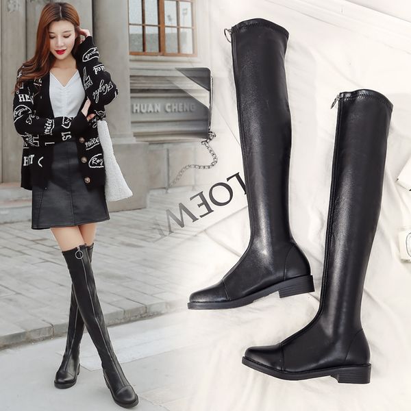 2019 size 35-40 women knee-high boots female zipper long sock gross suede boots ladies luxury flock winter autumn shoes, Black