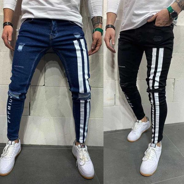 men's skinny jeans side striped ripped frayed slim fit denim pencil pants hip hop streetwear letter printed casual jean trousers, Blue
men's skinny jeans side striped ripped frayed slim fit denim pencil pants hip hop streetwear letter printed casual jean trousers, Blue