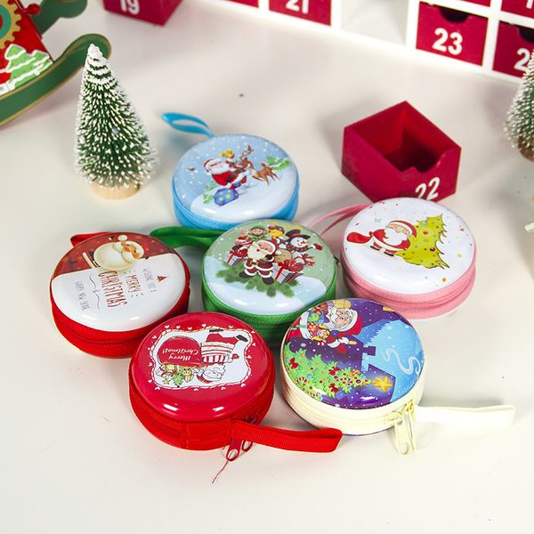 

2 pcs christmas ornament cartoon tinplate santa claus round change package key headset package storage bag xmas 2020