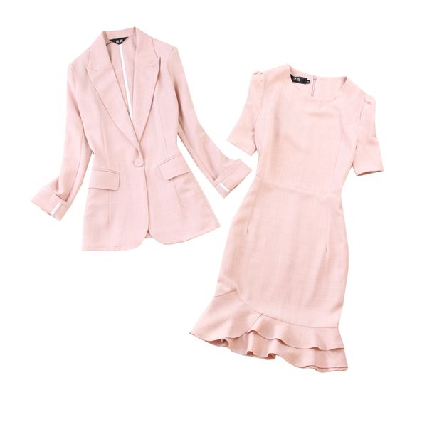 women's spring and summer new large size long sleeve mid-length suit + lotus leaf dress light pink thin set, White
women's spring and summer new large size long sleeve mid-length suit + lotus leaf dress light pink thin set, White