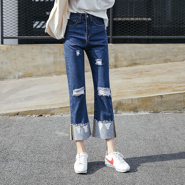 fashion women high waisted korean version of thin jeans with holes and loose cuffs and wide legs casual ankle length pants, Blue
fashion women high waisted korean version of thin jeans with holes and loose cuffs and wide legs casual ankle length pants, Blue