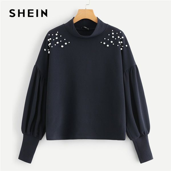 

shein navy elegant preppy mock neck pearl embellished drop shoulder solid sweatshirt 2018 autumn casual campus women sweatshirts, Black