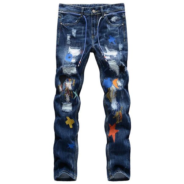 men's jeans hole patchwork star moon embroidery straight men fashion casual full length ripped denim trousers wild, Blue
men's jeans hole patchwork star moon embroidery straight men fashion casual full length ripped denim trousers wild, Blue
