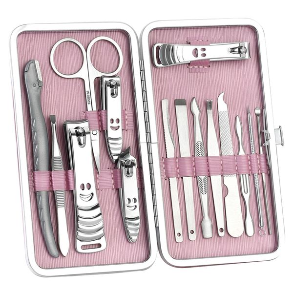 

nail clipper set professional 15 pcs manicure pedicure set eyebrow shaping grooming kit ear cleaning compact travel case