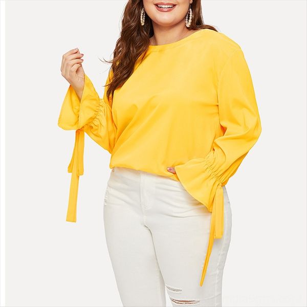 2019 large size women's solid color round collar long sleeve t-shirt horn butterfly horn trumpet sleeve cuff bow loose t-shirt, White
2019 large size women's solid color round collar long sleeve t-shirt horn butterfly horn trumpet sleeve cuff bow loose t-shirt, White