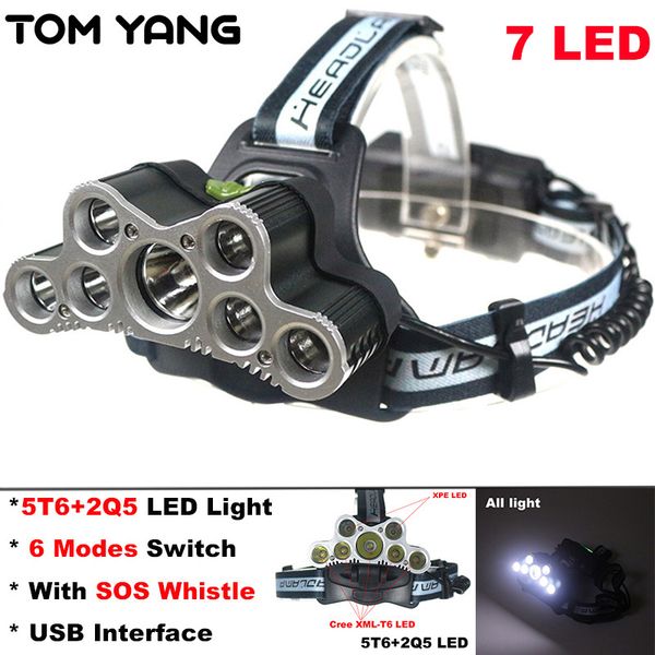 

tom yang 7 led focus powerful headlamp 6 mode waterproof frontal lantern usb rechargeable camping led zaklamp light sos whistle
