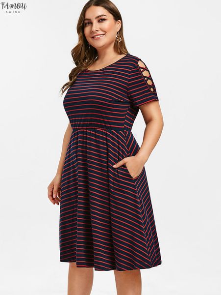 plus size striped a line dress criss cross sleeve elastic waist dress summer casual work dresses women dress vestidos, Black;gray