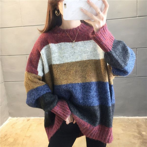 lazy wind sweater women loose rainbow stripes 2019 autumn and winter mid-length thickened pullover outer sweater, White;black
lazy wind sweater women loose rainbow stripes 2019 autumn and winter mid-length thickened pullover outer sweater, White;black