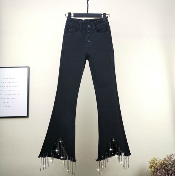 2019 new diamond tassel flare pants black jeans women spring autumn high waist jeans womens slim denim, Blue
2019 new diamond tassel flare pants black jeans women spring autumn high waist jeans womens slim denim, Blue