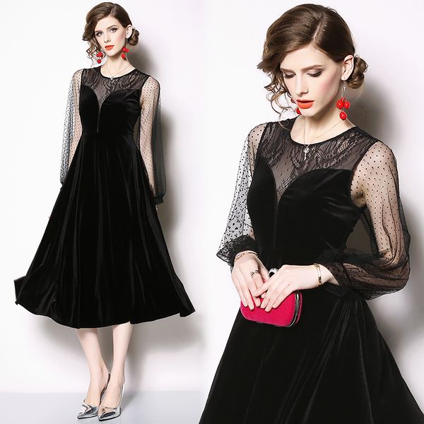 spring 2019 designer dress women's mesh dot lantern sleeve lace patchwork o neck velvet dress female party clothing long, Black;gray
spring 2019 designer dress women's mesh dot lantern sleeve lace patchwork o neck velvet dress female party clothing long, Black;gray