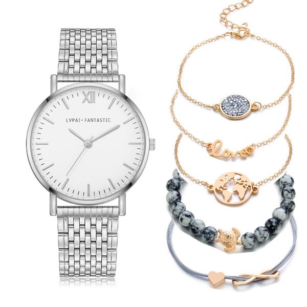 6pcs/set fashion creative simple steel strip quartz watch bracelet set luxurious famous same paragraph bracelet beading, Slivery;brown
6pcs/set fashion creative simple steel strip quartz watch bracelet set luxurious famous same paragraph bracelet beading, Slivery;brown
