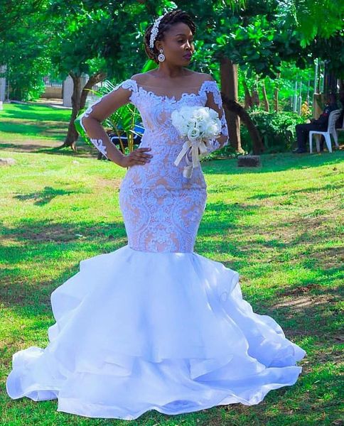 2020 new black girl mermaid wedding dresses plus size long sleeve bridal gown lace applique beach wedding gown vestidos de noche, White
2020 new black girl mermaid wedding dresses plus size long sleeve bridal gown lace applique beach wedding gown vestidos de noche, White