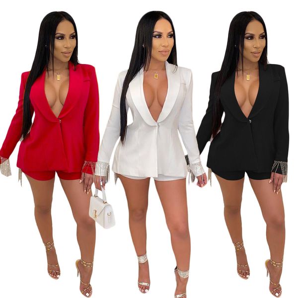 s3699 european and american women's ol commuting solid color long-sleeved tassel blazer + shorts suit women, White;black
s3699 european and american women's ol commuting solid color long-sleeved tassel blazer + shorts suit women, White;black