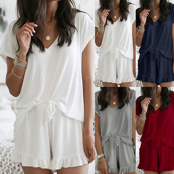 2020 women summer casual pajama sets regular fit short sleeve v neck + solid high waist ruffled shorts with drawstring, Black;red
2020 women summer casual pajama sets regular fit short sleeve v neck + solid high waist ruffled shorts with drawstring, Black;red