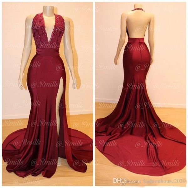 new arabic burgundy mermaid prom dresses halter lace appliques beads sleeveless side split open back party evening gowns custom made, Black
new arabic burgundy mermaid prom dresses halter lace appliques beads sleeveless side split open back party evening gowns custom made, Black