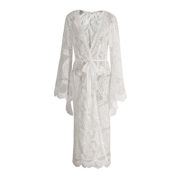 women long cardigan female pattern lace gown bell sleeve long sleeve v-neck belt vacation style skirt 32, White
women long cardigan female pattern lace gown bell sleeve long sleeve v-neck belt vacation style skirt 32, White