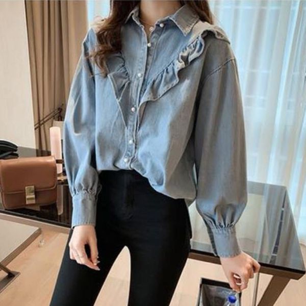 womens and blouses denim stitching ruffles blue blouse shirts lady long sleeve casual loose single breasted jeans clothing, White
womens and blouses denim stitching ruffles blue blouse shirts lady long sleeve casual loose single breasted jeans clothing, White