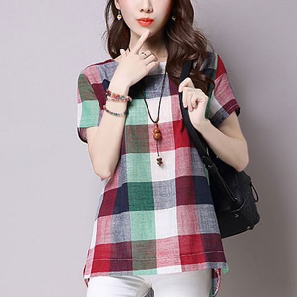 summer new short sleeve cotton linen t shirt fashion plaid women casual o-neck tees ladies loose plus size clothing, White
summer new short sleeve cotton linen t shirt fashion plaid women casual o-neck tees ladies loose plus size clothing, White