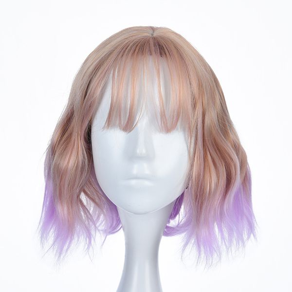 ladies big wave brown purple gradient short wig synthetic wig with bangs, Black
ladies big wave brown purple gradient short wig synthetic wig with bangs, Black