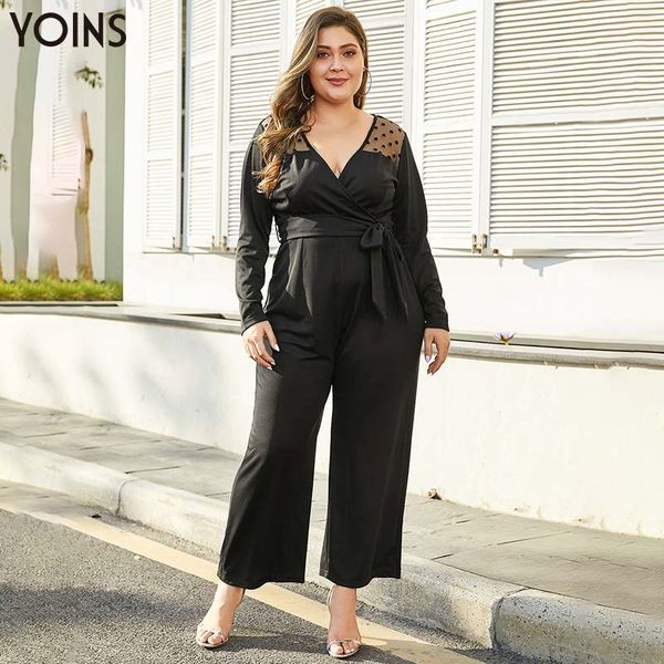 

yoins elegant hollow mesh belt v-neck long sleeve jumpsuit 2019 women rompers playsuits female overalls body plus size, Black;white