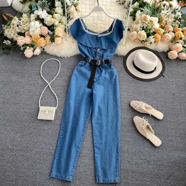 deat 2020 summer new arrivals short sleeve ruffles beadings slash neck blue high waist denim jumpsuits with belt women mj165, Black;white
deat 2020 summer new arrivals short sleeve ruffles beadings slash neck blue high waist denim jumpsuits with belt women mj165, Black;white
