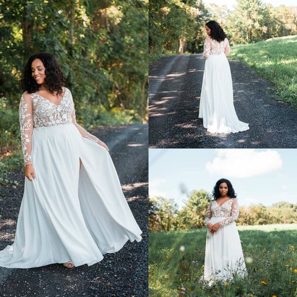 chic plus size wedding dresses a line v neck lace appliqued side split sweep train bohemian wedding dress long sleeve bridal gowns, White
chic plus size wedding dresses a line v neck lace appliqued side split sweep train bohemian wedding dress long sleeve bridal gowns, White