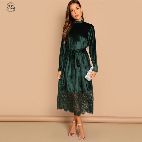 green waist belted mock neck velvet dress long sleeve lace hem solid dress casual elegant women autumn modern lady dresses, Black;gray
green waist belted mock neck velvet dress long sleeve lace hem solid dress casual elegant women autumn modern lady dresses, Black;gray