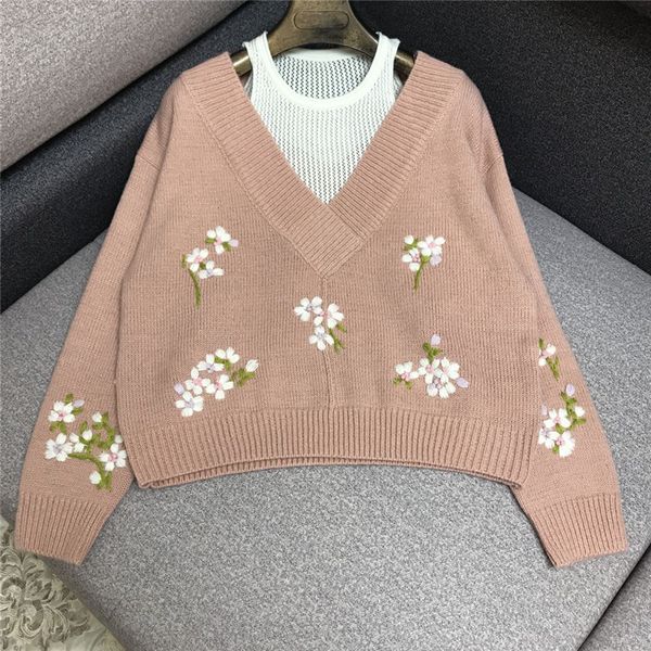 2019 fashion pink embroidered loose handmade crochet flower v-neck fake two-piece knit sweater, Black
2019 fashion pink embroidered loose handmade crochet flower v-neck fake two-piece knit sweater, Black