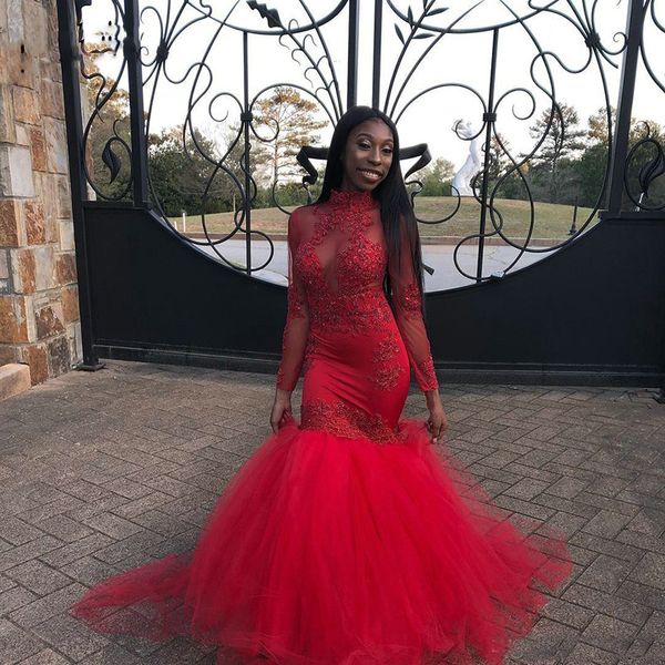 new design red african mermaid prom dresses 2019 high neck long sleeves lace appliques court train formal evening gowns, Black
new design red african mermaid prom dresses 2019 high neck long sleeves lace appliques court train formal evening gowns, Black