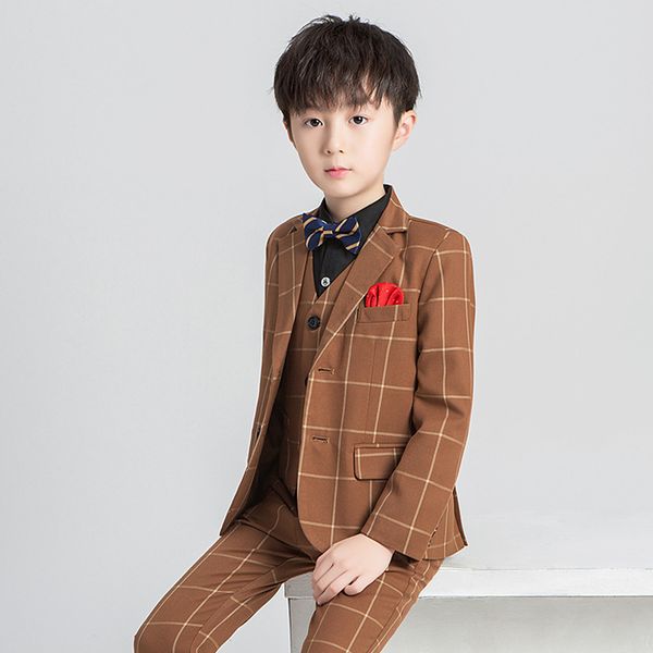 

children formal suits set boys student dresses lattice stage host catwalk costume kids blazer vest pant shirt bowtie clothes set, Black