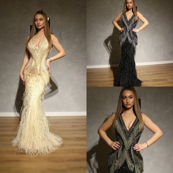 luxury crystals mermaid prom dresses with feathers v neck lace tassels evening special occasion gowns custom made party celebrity dress, Black 
luxury crystals mermaid prom dresses with feathers v neck lace tassels evening special occasion gowns custom made party celebrity dress, Black