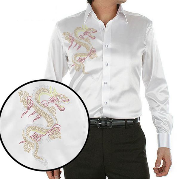 men's luxury silky shirts long sleeve fashion loose casual silk like men dress shirt plus size wedding party stage clothes, White;black
men's luxury silky shirts long sleeve fashion loose casual silk like men dress shirt plus size wedding party stage clothes, White;black