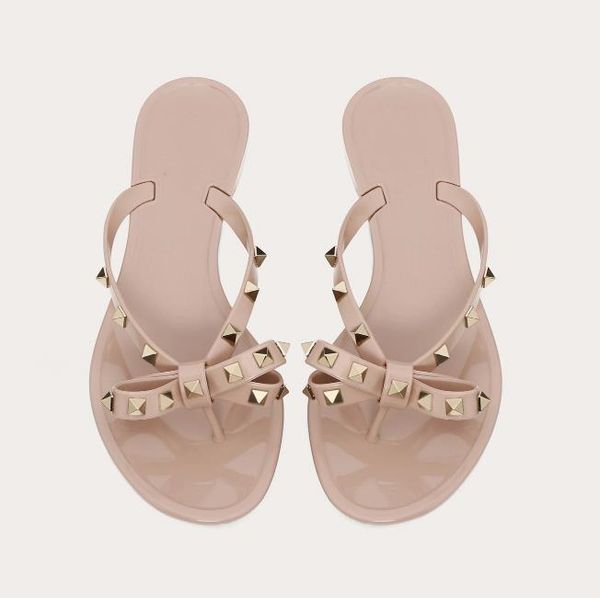 with box nude rivets bowtie pvc flat slipper designer slides women designer sandals jelly shoes, Black
with box nude rivets bowtie pvc flat slipper designer slides women designer sandals jelly shoes, Black