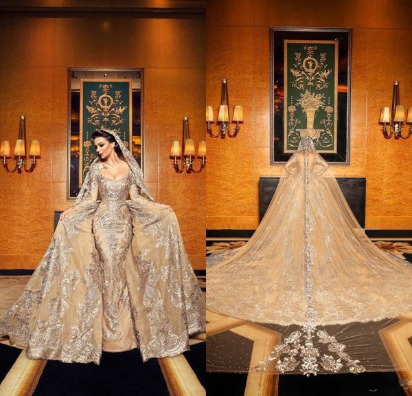 2019 luxury designer gold wedding dresses with detachable train long sleeve lace beads dubai bridal gowns scoop neck robe de mariée soirée, White
2019 luxury designer gold wedding dresses with detachable train long sleeve lace beads dubai bridal gowns scoop neck robe de mariée soirée, White