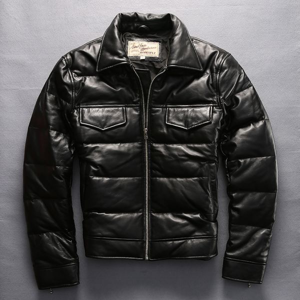 2019 stand collar genuine leather down jacket men casual winter down coat black cowskin men's leather coat motorcycle jacket