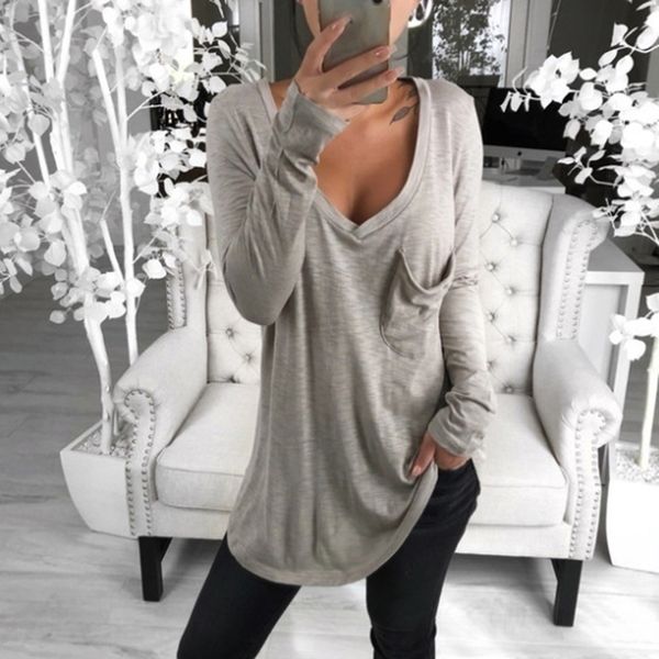 women v neck tshirt spring fall long sleeve korean ladies pocket t shirt casual solid tees t-shirt clothes new sj1678v, White
women v neck tshirt spring fall long sleeve korean ladies pocket t shirt casual solid tees t-shirt clothes new sj1678v, White