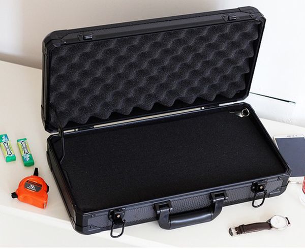 

long aluminum tool case suitcase toolbox file box impact resistant safety case equipment camera with pre-cut foam lining, Black