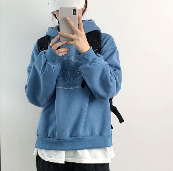 cute little dinosaur embroidery thick plus velvet hooded pullover sweatshirt, Black 
cute little dinosaur embroidery thick plus velvet hooded pullover sweatshirt, Black