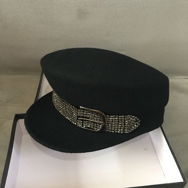 

new fashion women black felt winter hat rhinestone belt trim wool cap newsboy visor beret hat cap lady paperboy cabbie, Blue;gray