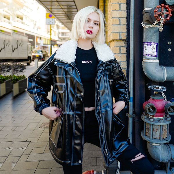 women winter motor long patent leather jacket lamb fur lapel cotton padded loose warm coat streetwear biker punk leather jacket, Black
women winter motor long patent leather jacket lamb fur lapel cotton padded loose warm coat streetwear biker punk leather jacket, Black