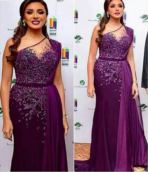 

Purple Lace Beaded 2019 Arabic Evening Dresses One Shoulder Sheath Chiffon Prom Dresses Cheap Sexy Formal Party Bridesmaid Pageant Gowns